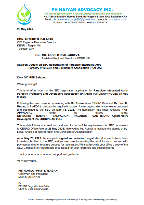 Update on SEC Registration of Paraclete Integrated Agro-Forestry Producers and Developers Association (PIAFDA)