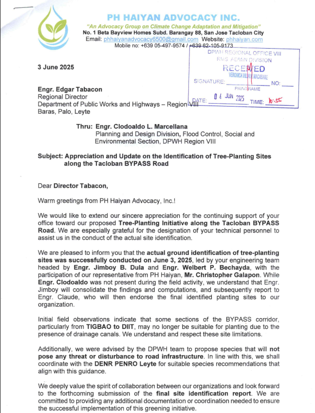 Appreciation and Update on the Identification of Tree-Planting Sites along the Tacloban Bypass Road