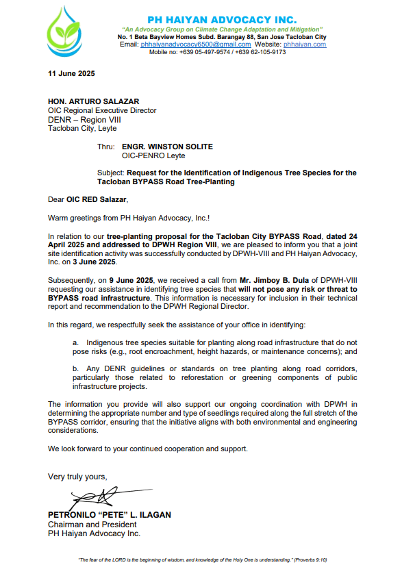 Letter to DENR Request for Indigenous Trees in Bypass Road Tree Planting