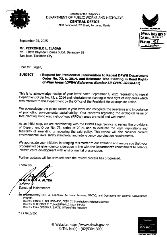 Request for Presidential Intervention to Repeal DPWH Department Order No. 73, s. 2014, and Reinstate Tree Planting in Road Right-of-Way Areas